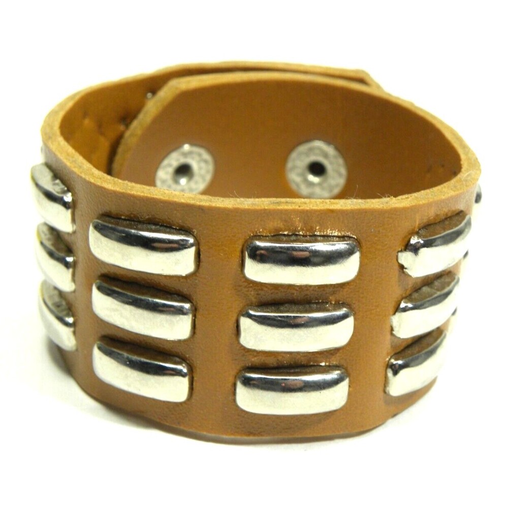 Chunky Bracelet Faux Leather Guang Tong Brown Silver Stud Snap Punk Biker